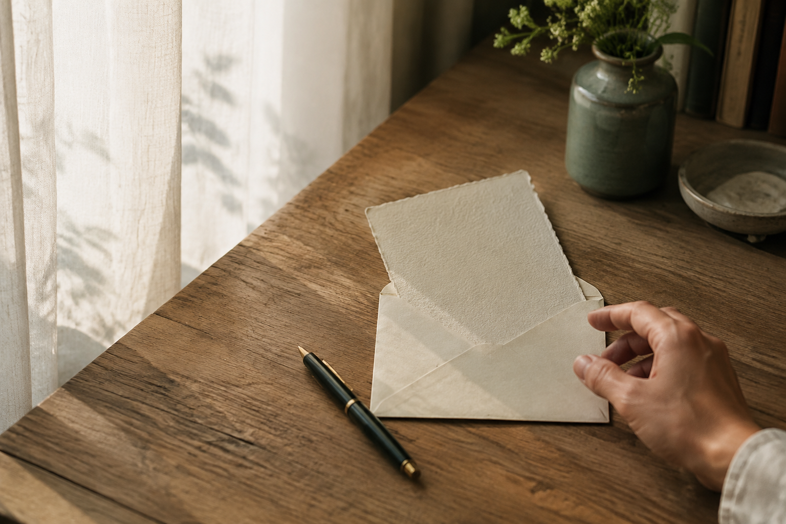 Hand reaching for a cream handwritten letter and envelope on a wooden table