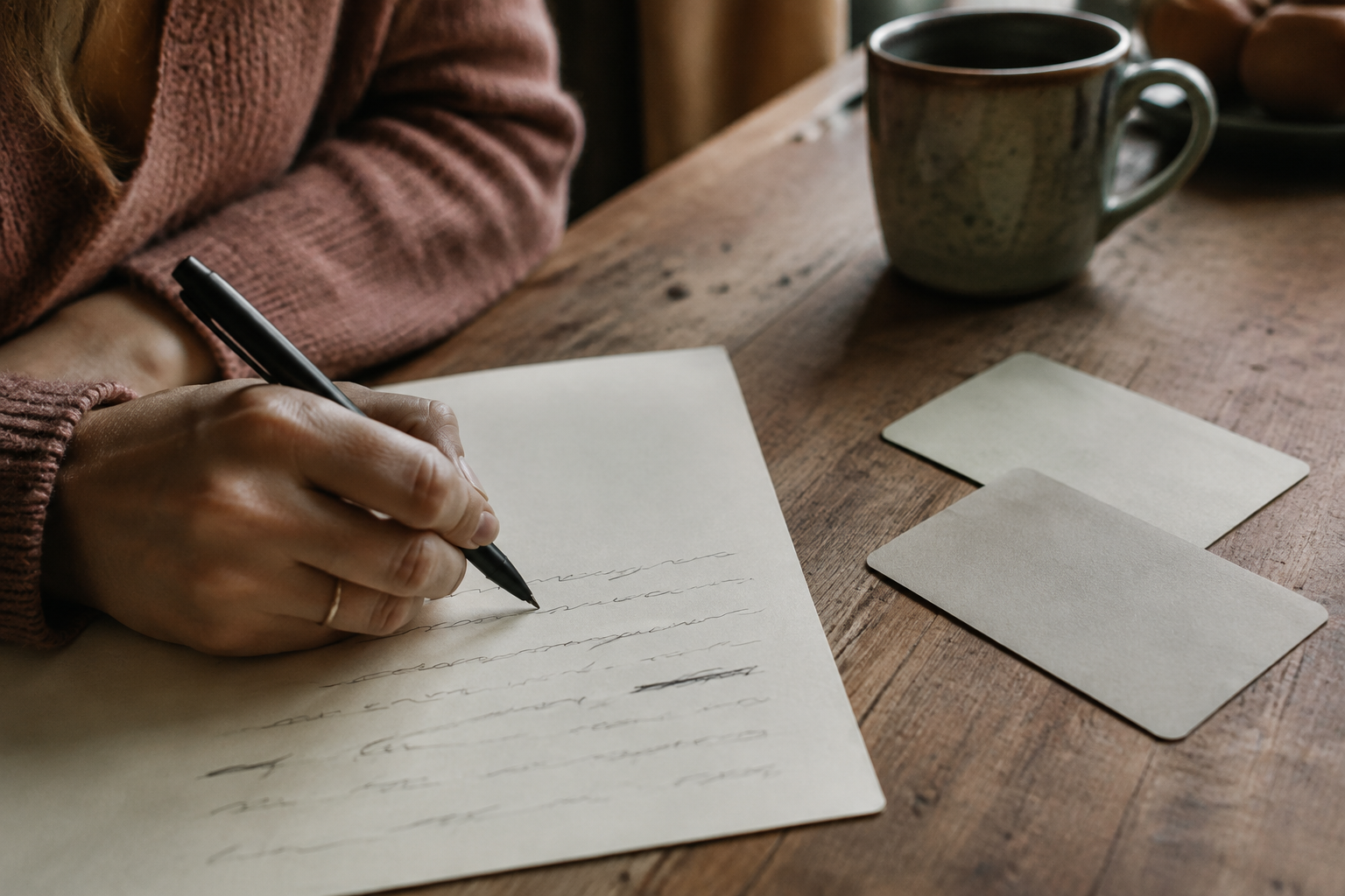 Woman writing an imperfect handwritten letter beside subtle conversation prompt cards