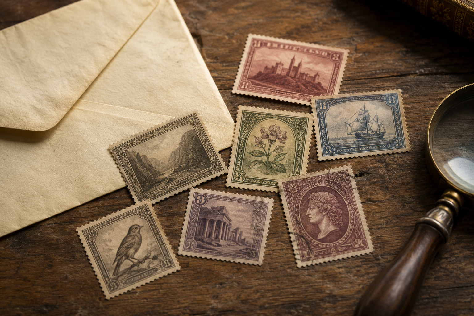 Assortment of vintage-inspired postage stamps beside a cream envelope and magnifying glass