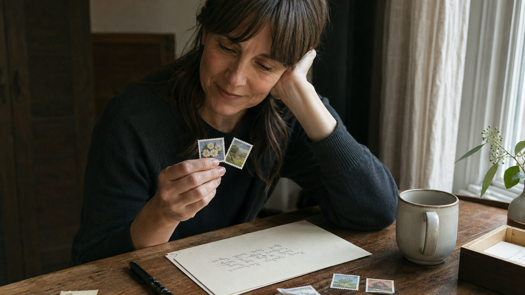 Woman thoughtfully choosing between two postage stamps for a handwritten letter