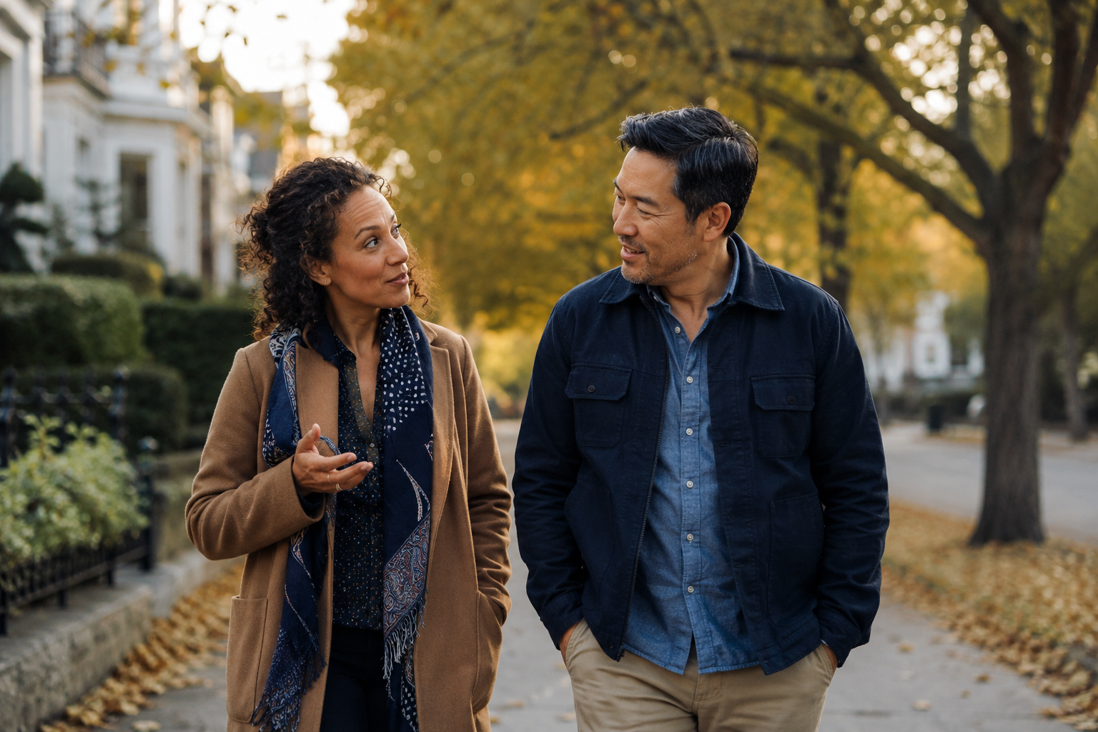 Two adults getting to know one another during a quiet walk and conversation