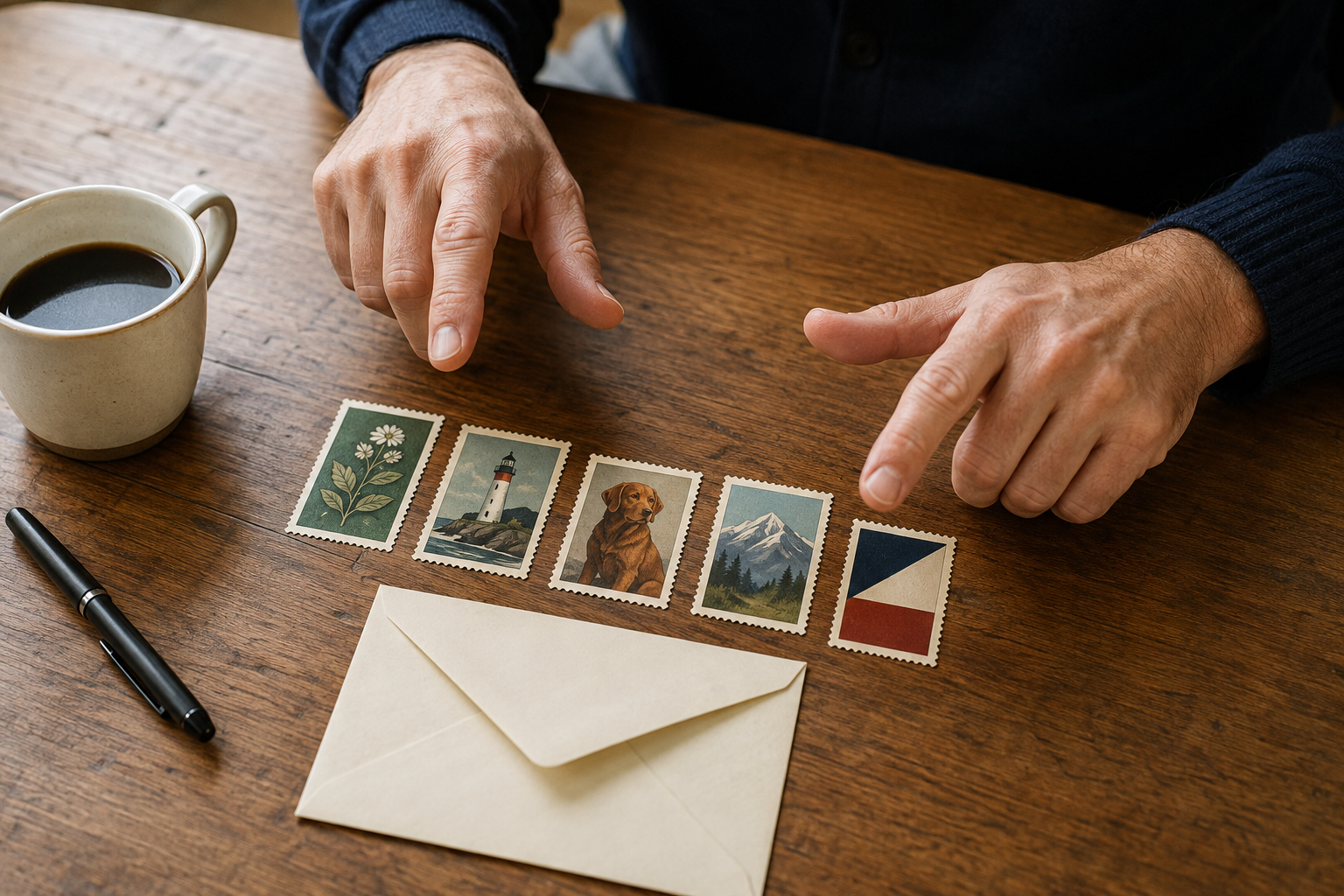 Person choosing among botanical, lighthouse, dog, mountain and geometric postage stamps