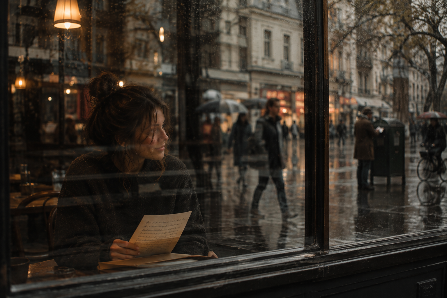 Seen from the rainy street, a woman sits alone in a warmly lit café reading a handwritten letter, while blurred pedestrians and a person mailing a letter reflect in the window.