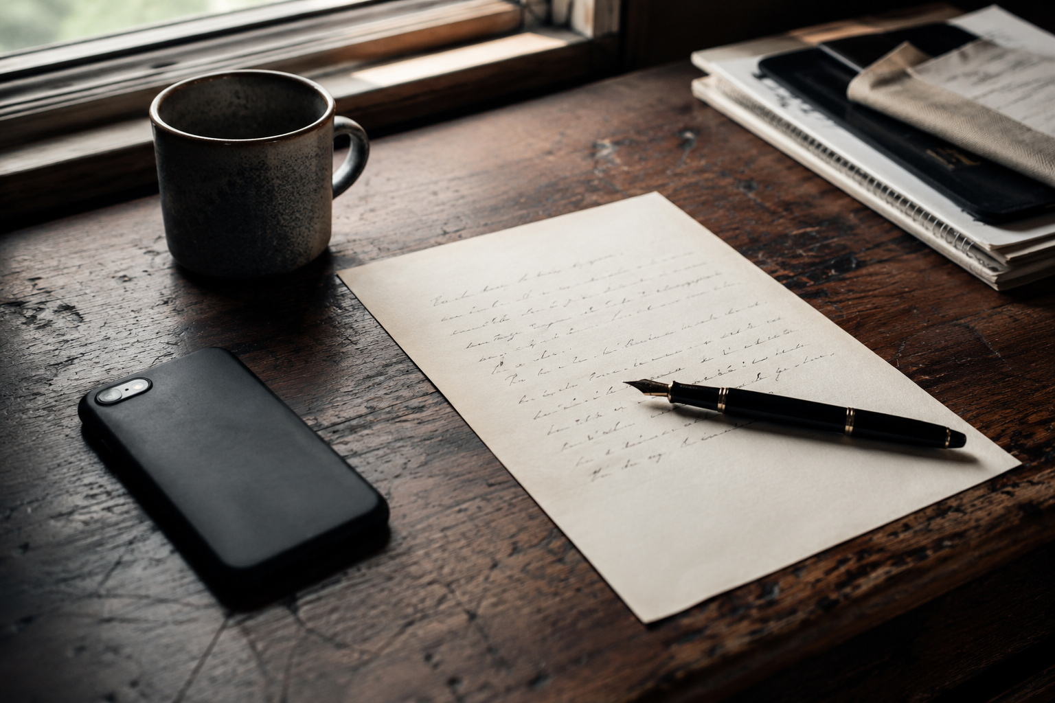 Handwritten letter beside a smartphone placed facedown on a wooden desk