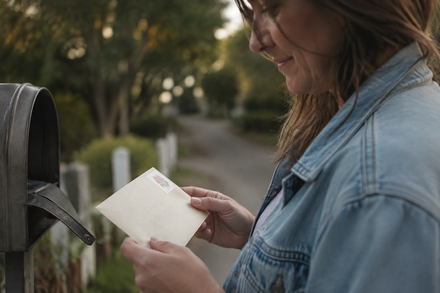Woman noticing a botanical stamp on a handwritten letter retrieved from her mailbox