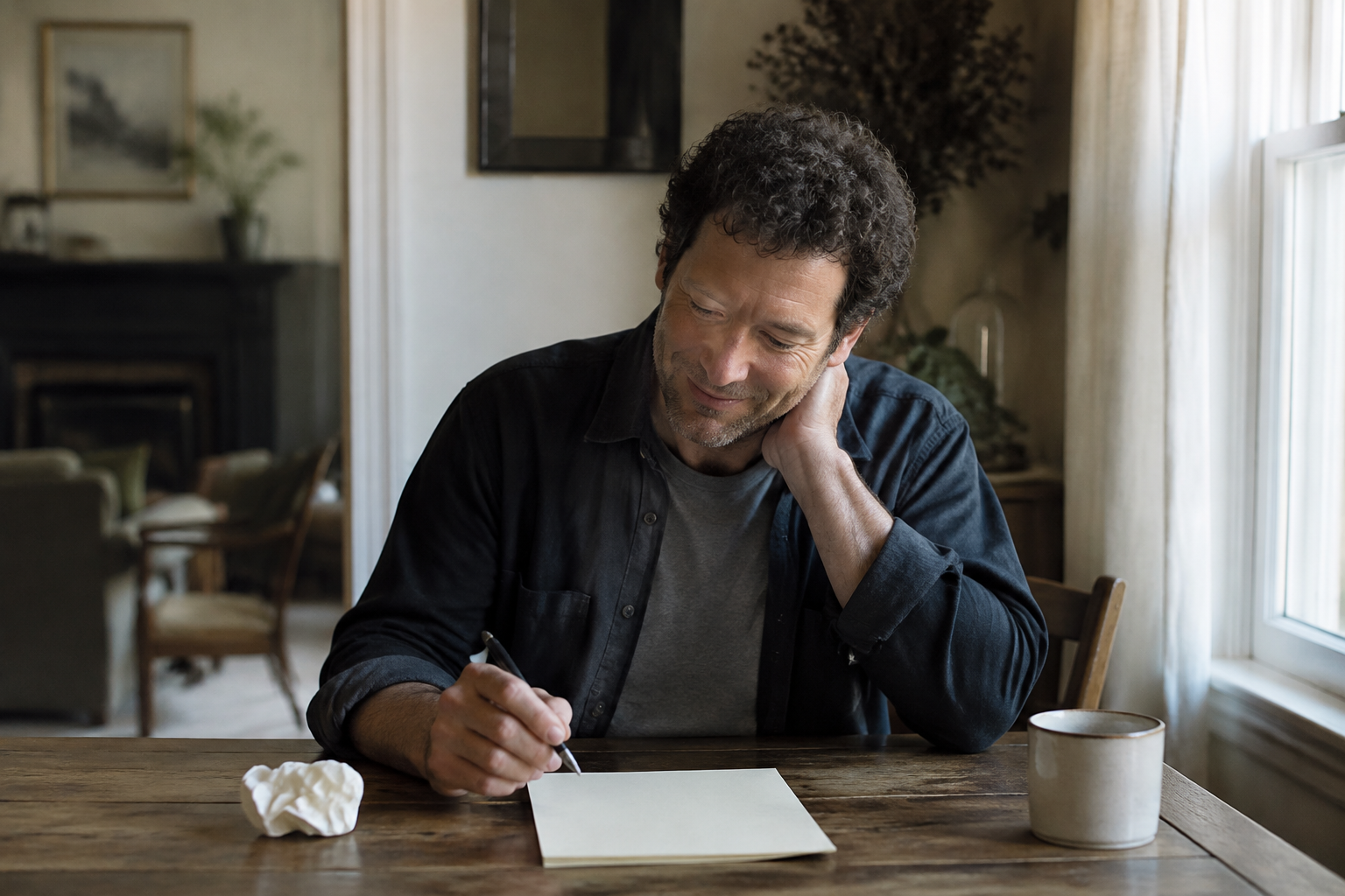 Man smiling nervously while trying to begin his first handwritten letter