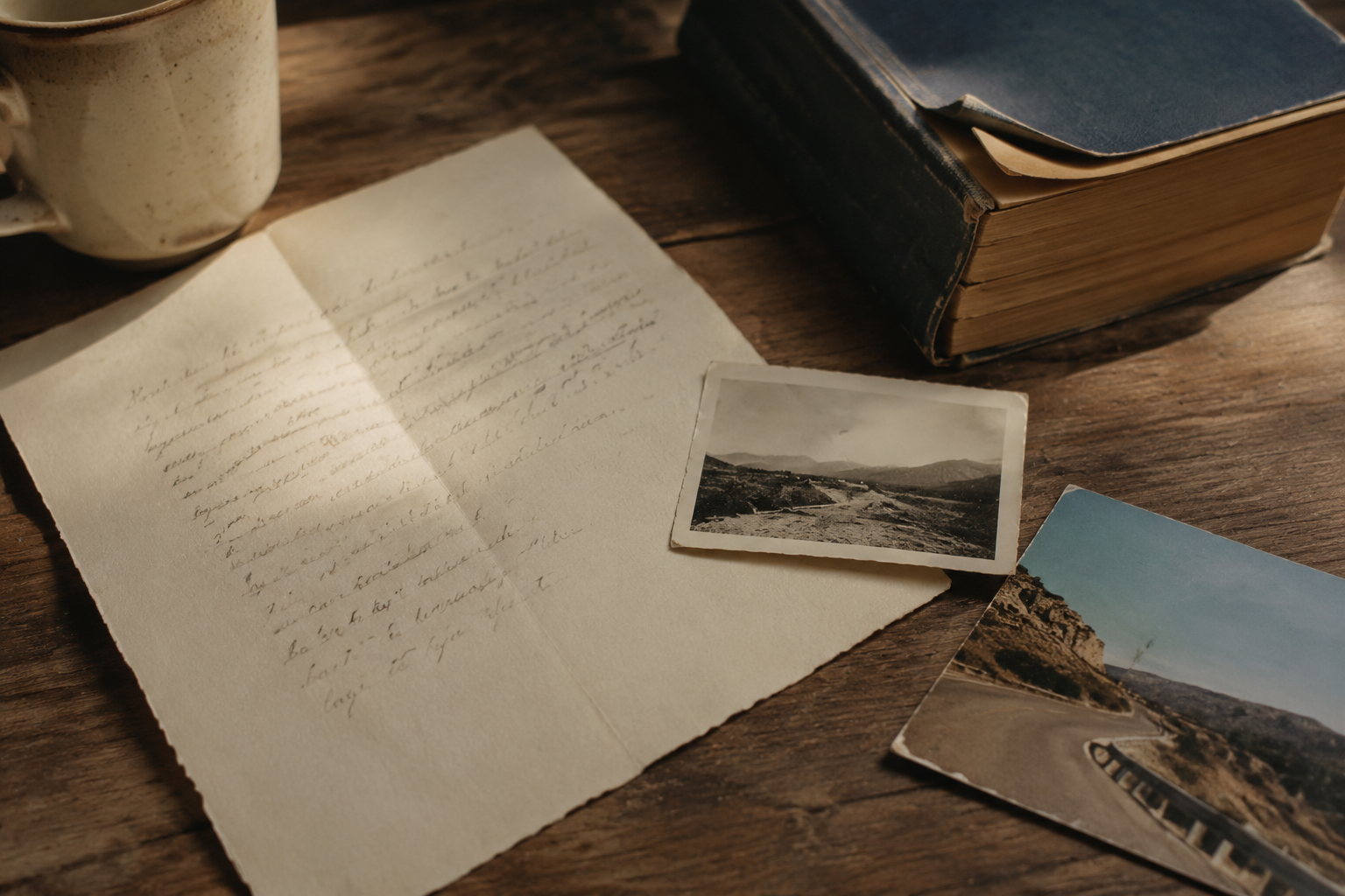 Partially handwritten letter beside an old travel photograph, novel and roadside postcard