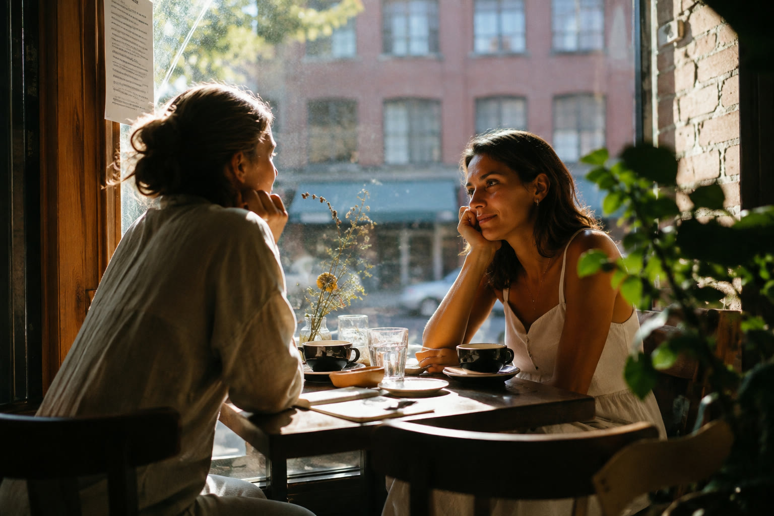 Two women in a sunlit café window, deep in conversation over coffee