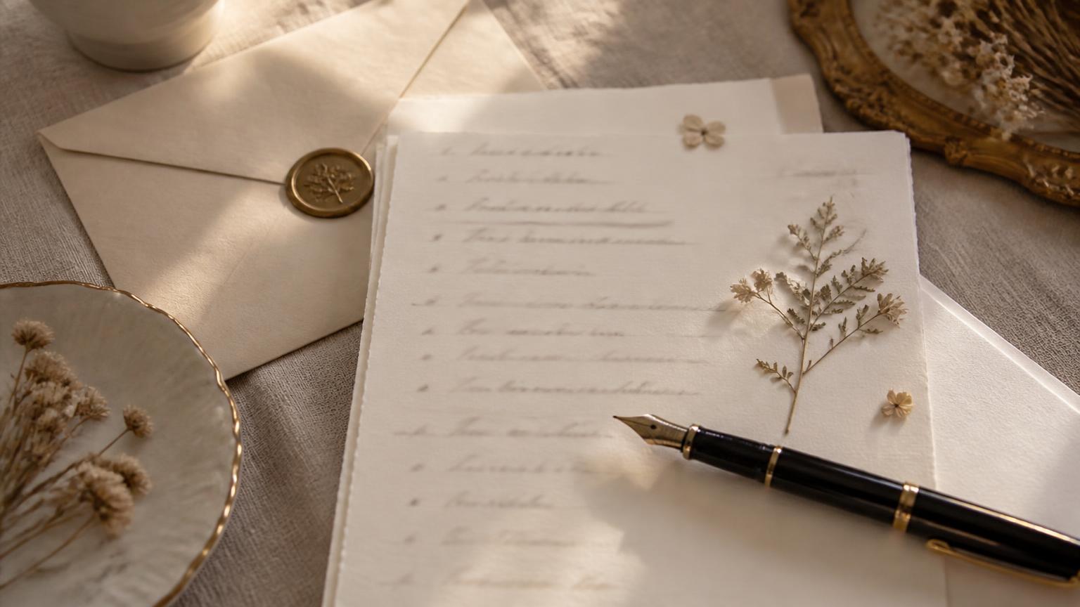 A handwritten list of questions on ivory paper beside a fountain pen, pressed flowers and a wax-sealed envelope