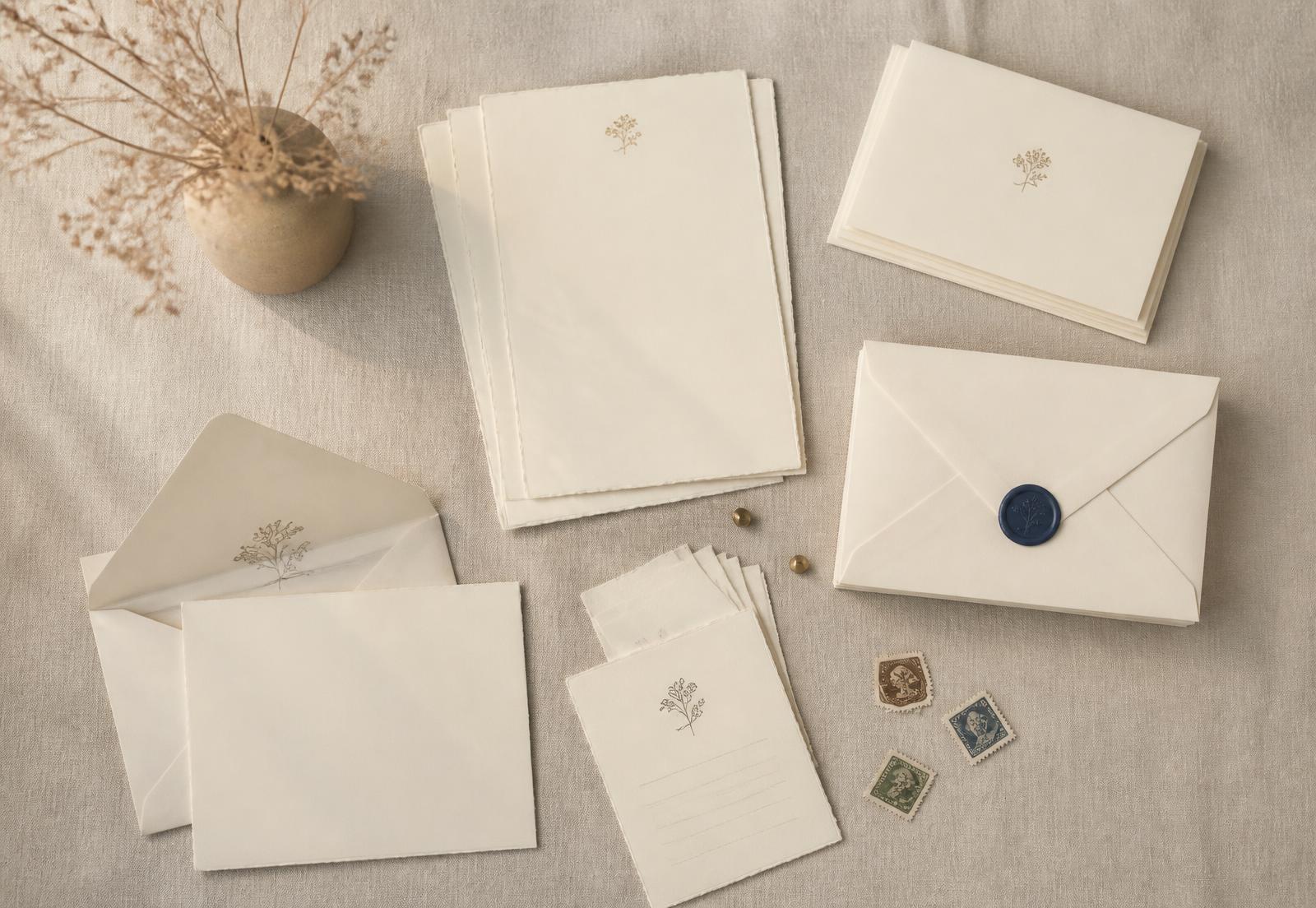 The Dearly Welcome Kit laid out on natural linen in warm morning light: cotton stationery sheets, cream envelopes, vintage stamps, prompt cards and an envelope sealed with navy wax.